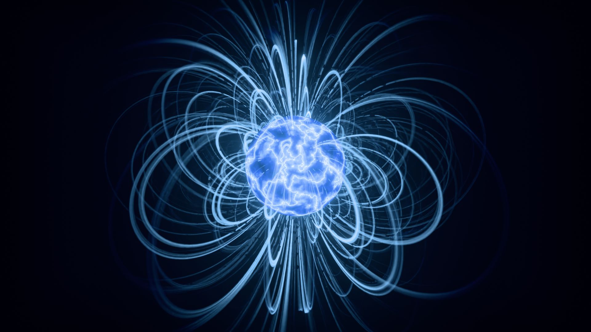 Abstract visualization of blue magnetic field lines surrounding a glowing sphere.